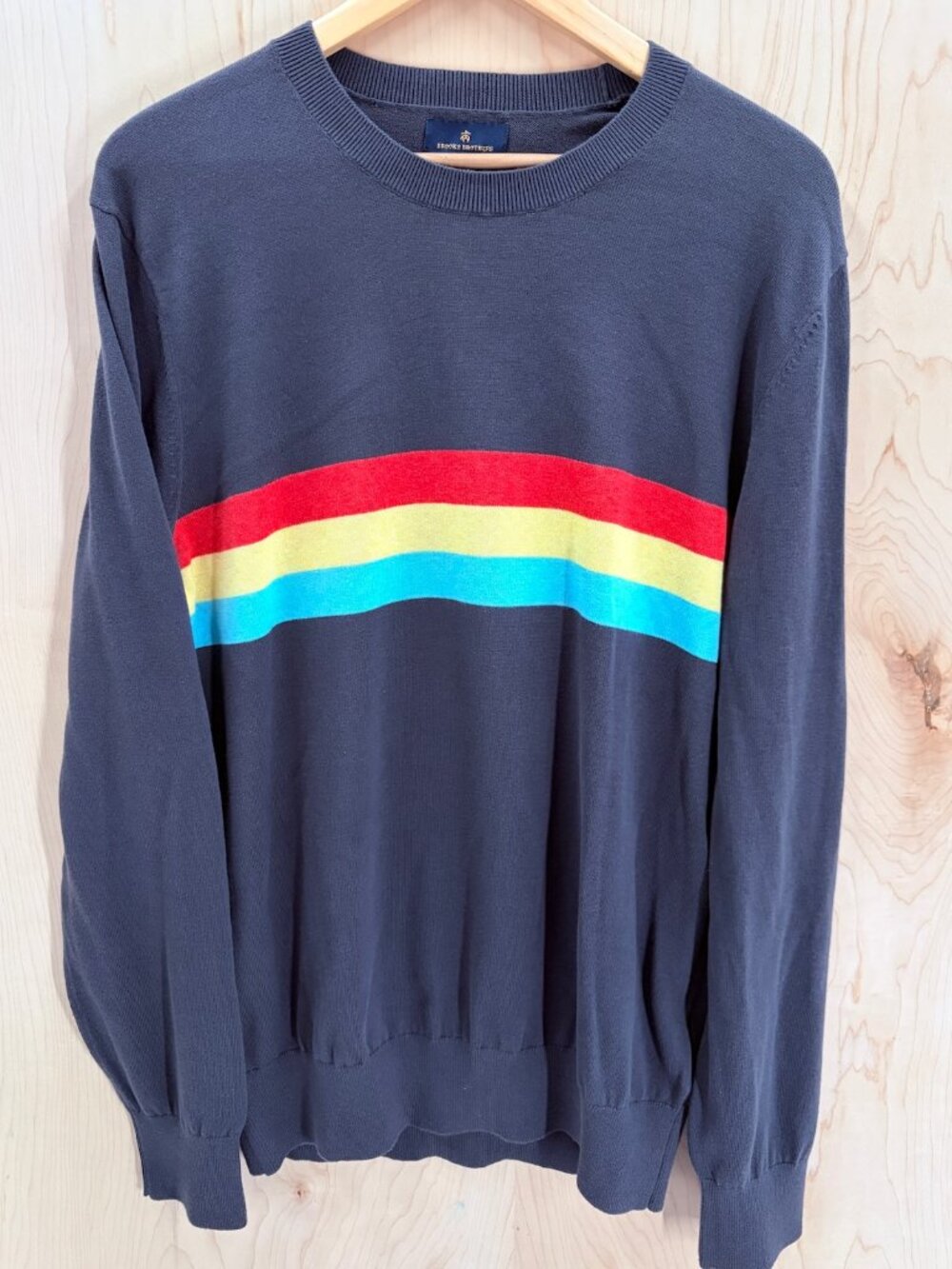 Brooks Brothers NWOT Medium Navy Rainbow Stripe Cotton Crewneck Light Sweater